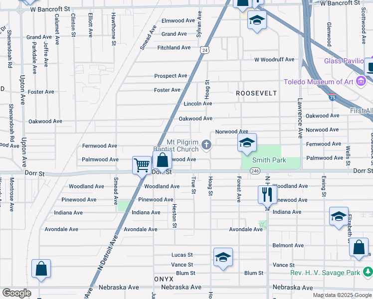 map of restaurants, bars, coffee shops, grocery stores, and more near 1511 Bell Avenue in Toledo