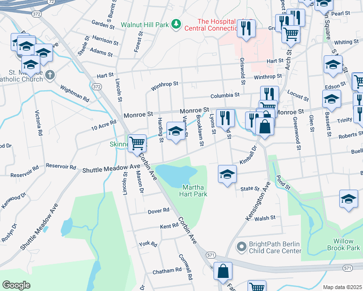 map of restaurants, bars, coffee shops, grocery stores, and more near 183 Vance Street in New Britain