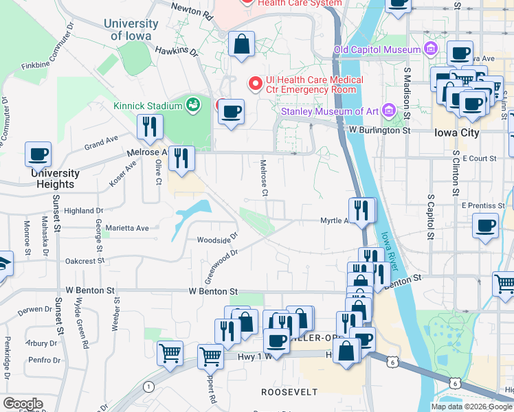 map of restaurants, bars, coffee shops, grocery stores, and more near 310 Melrose Court in Iowa City