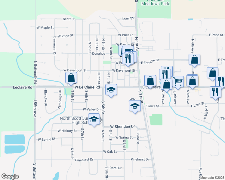 map of restaurants, bars, coffee shops, grocery stores, and more near 310 West Le Claire Road in Eldridge
