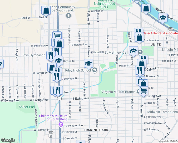 map of restaurants, bars, coffee shops, grocery stores, and more near 1902 Fellows Street in South Bend