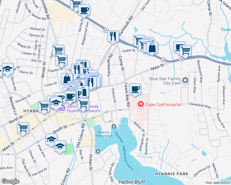 map of restaurants, bars, coffee shops, grocery stores, and more near 163 Main Street in Barnstable