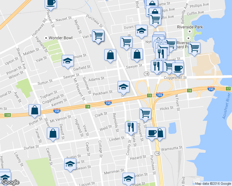 map of restaurants, bars, coffee shops, grocery stores, and more near 23 Peckham Street in New Bedford