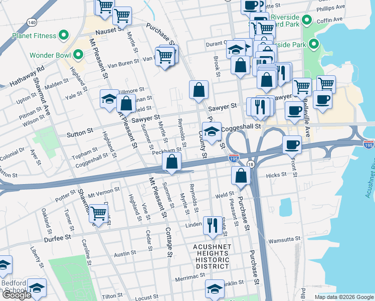 map of restaurants, bars, coffee shops, grocery stores, and more near 23 Peckham Street in New Bedford