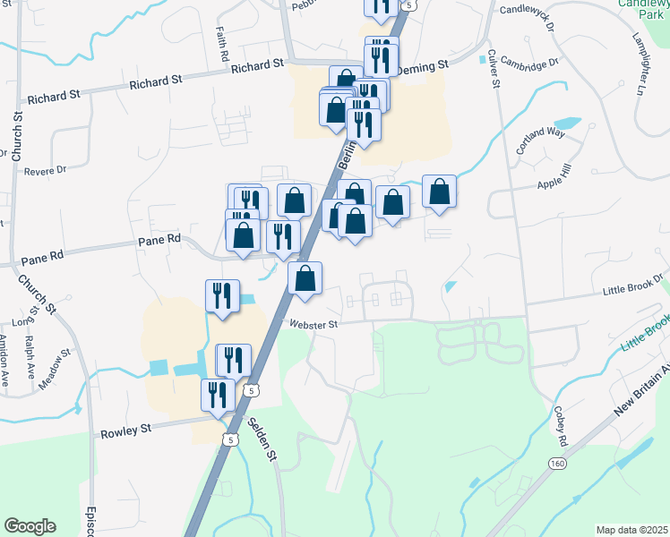 map of restaurants, bars, coffee shops, grocery stores, and more near 3388 Berlin Turnpike in Newington