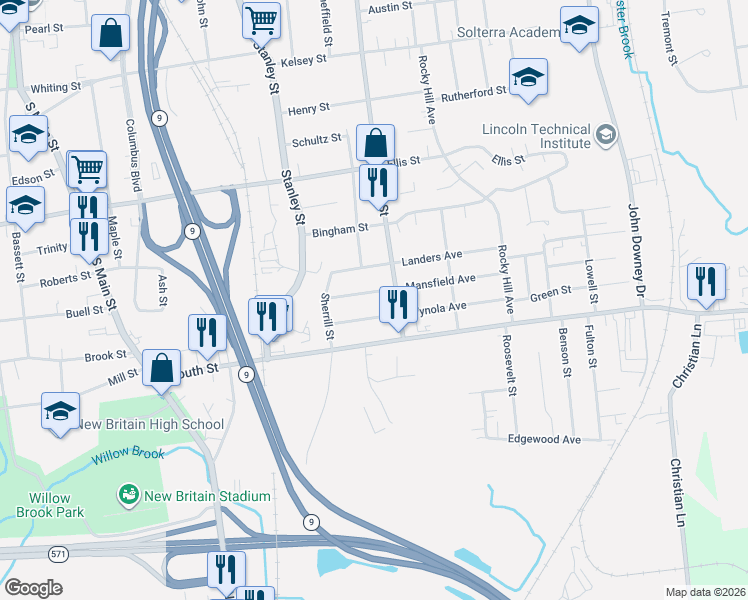 map of restaurants, bars, coffee shops, grocery stores, and more near 46 Mansfield Avenue in New Britain