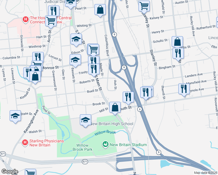 map of restaurants, bars, coffee shops, grocery stores, and more near 9 Vega Street in New Britain