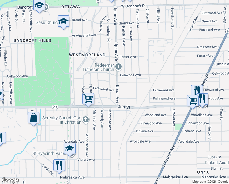 map of restaurants, bars, coffee shops, grocery stores, and more near 1514 Shenandoah Road in Toledo