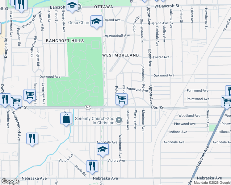map of restaurants, bars, coffee shops, grocery stores, and more near 1503 Potomac Drive in Toledo