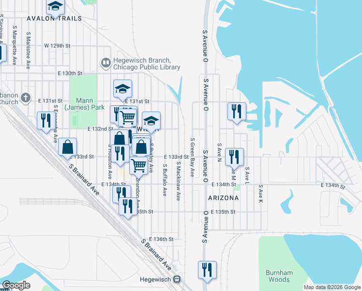 map of restaurants, bars, coffee shops, grocery stores, and more near 13200 South Green Bay Avenue in Chicago