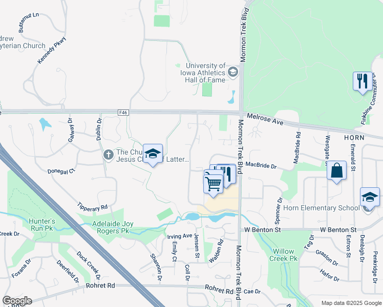 map of restaurants, bars, coffee shops, grocery stores, and more near 510 Westwinds Drive in Iowa City
