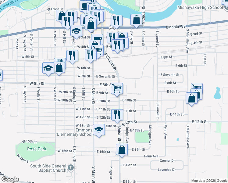 map of restaurants, bars, coffee shops, grocery stores, and more near 303 East 8th Street in Mishawaka