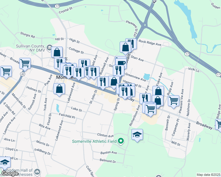 map of restaurants, bars, coffee shops, grocery stores, and more near 408 Broadway in Monticello