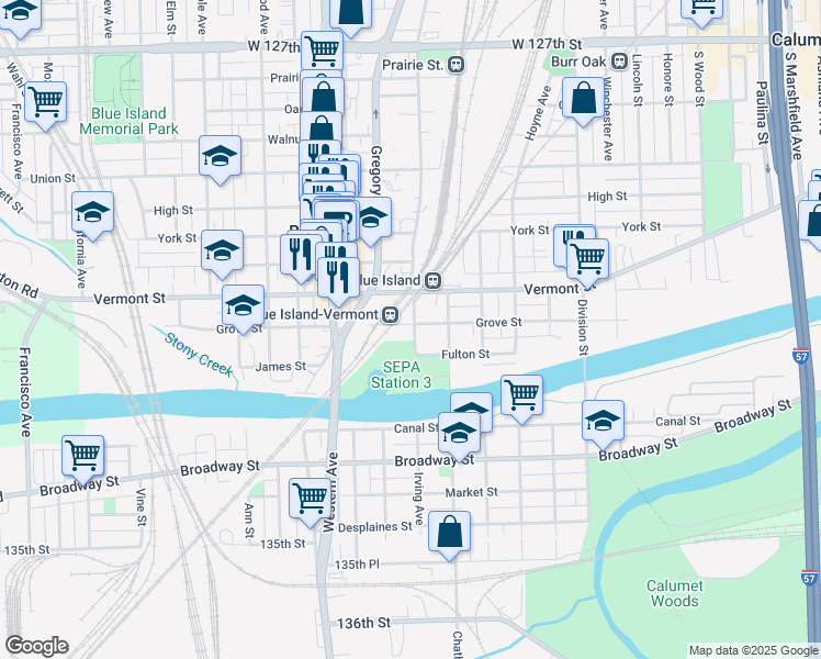 map of restaurants, bars, coffee shops, grocery stores, and more near 2255 Grove Street in Blue Island
