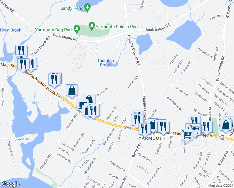 map of restaurants, bars, coffee shops, grocery stores, and more near 66 Prince Baxter Road in Yarmouth
