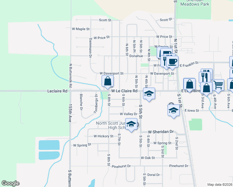 map of restaurants, bars, coffee shops, grocery stores, and more near 620 West Le Claire Road in Eldridge