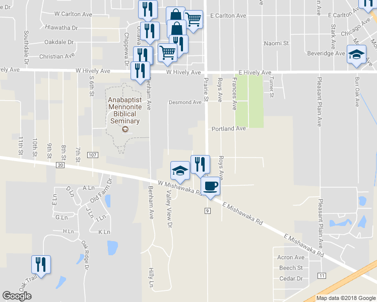 map of restaurants, bars, coffee shops, grocery stores, and more near 57865 Aurora Avenue in Elkhart