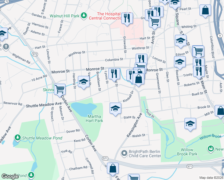map of restaurants, bars, coffee shops, grocery stores, and more near 96 Shuttle Meadow Avenue in New Britain