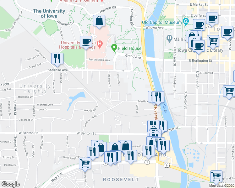 map of restaurants, bars, coffee shops, grocery stores, and more near 505 Brookland Park Drive in Iowa City