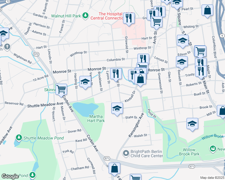 map of restaurants, bars, coffee shops, grocery stores, and more near 100 Shuttle Meadow Avenue in New Britain