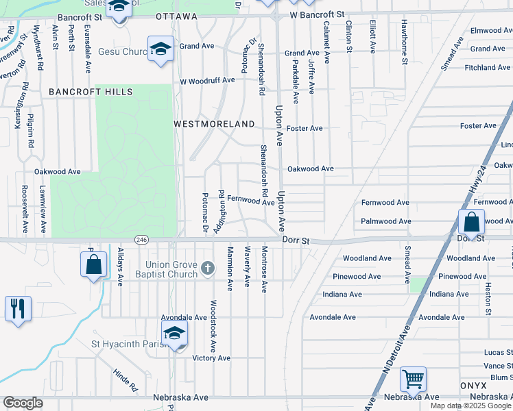 map of restaurants, bars, coffee shops, grocery stores, and more near 1933 Fernwood Avenue in Toledo