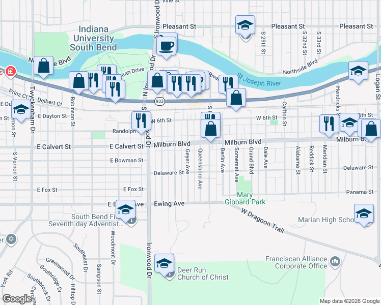 map of restaurants, bars, coffee shops, grocery stores, and more near 706 Geyer Avenue in Mishawaka