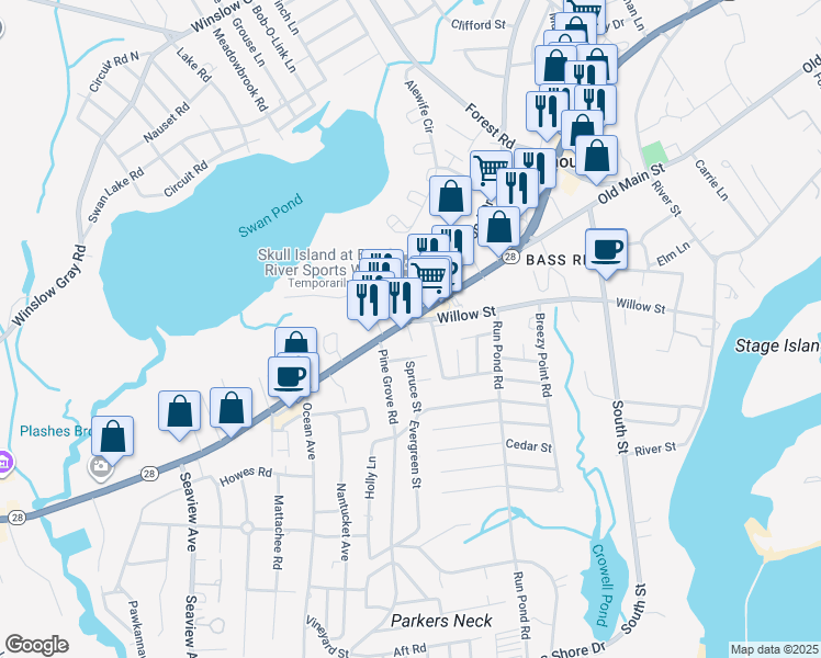 map of restaurants, bars, coffee shops, grocery stores, and more near 928 Massachusetts 28 in Yarmouth