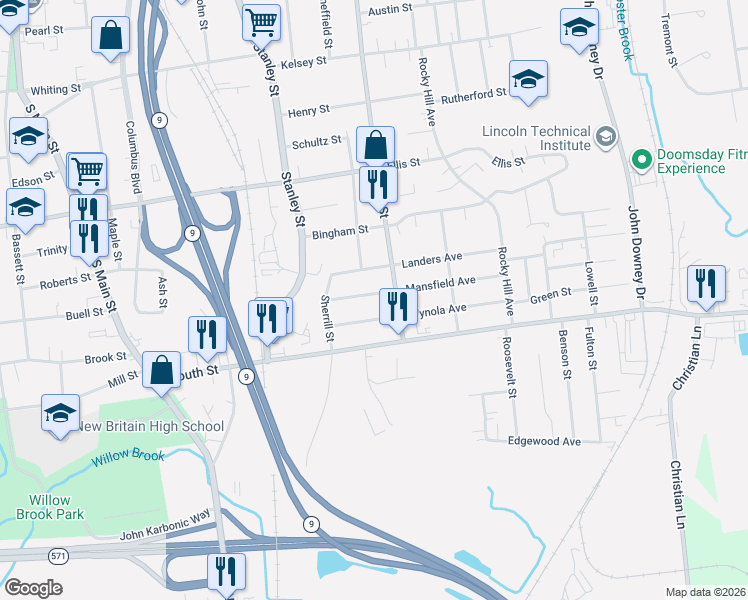map of restaurants, bars, coffee shops, grocery stores, and more near 55 Mansfield Avenue in New Britain