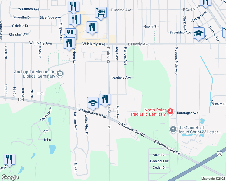 map of restaurants, bars, coffee shops, grocery stores, and more near 57834 County Road 9 in Elkhart