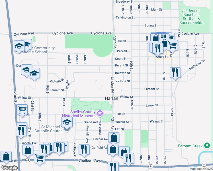 map of restaurants, bars, coffee shops, grocery stores, and more near 1202 Onyx Dr in Harlan