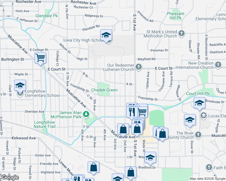 map of restaurants, bars, coffee shops, grocery stores, and more near 515 3rd Avenue in Iowa City