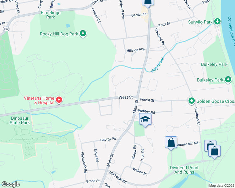 map of restaurants, bars, coffee shops, grocery stores, and more near 67 West Street in Rocky Hill