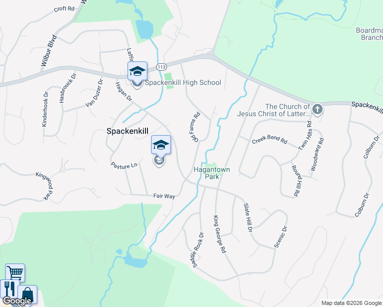 map of restaurants, bars, coffee shops, grocery stores, and more near 13 Bird Lane in Poughkeepsie