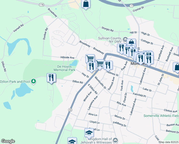 map of restaurants, bars, coffee shops, grocery stores, and more near 13 Pine Street in Monticello