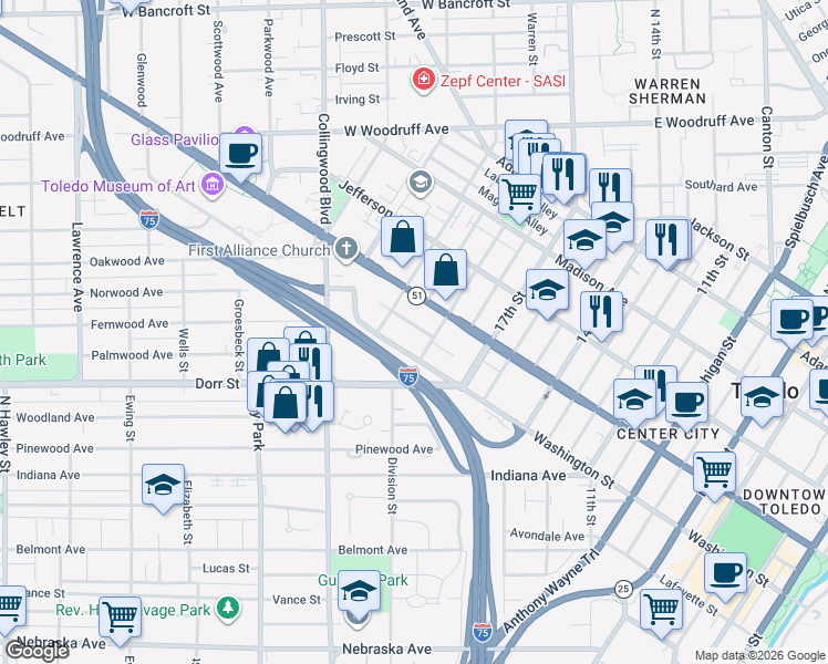 map of restaurants, bars, coffee shops, grocery stores, and more near 1928 Brookwood Avenue in Toledo