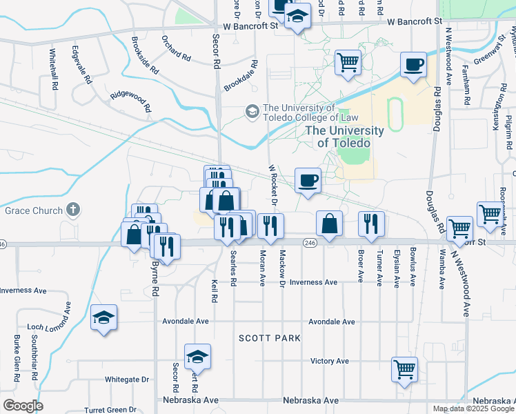 map of restaurants, bars, coffee shops, grocery stores, and more near 1828-2338 West Rocket Drive in Toledo