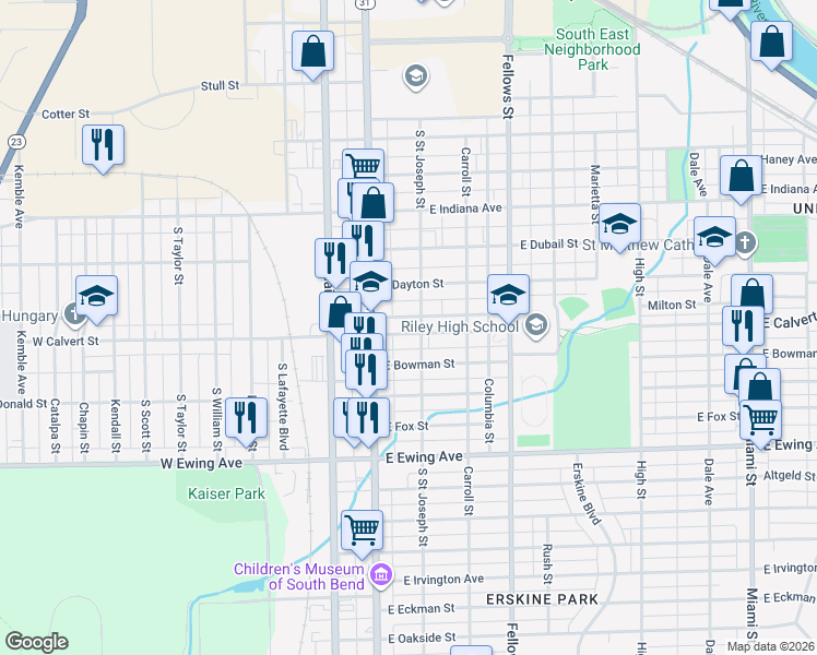map of restaurants, bars, coffee shops, grocery stores, and more near 129 Milton Street in South Bend
