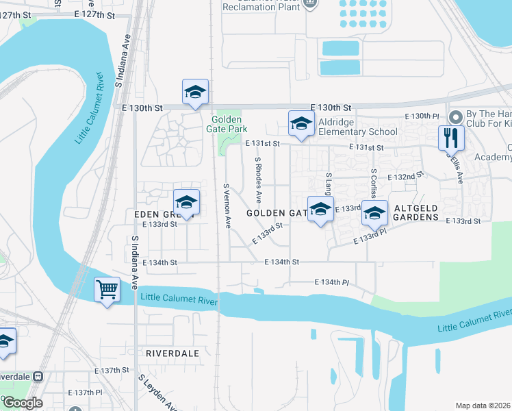 map of restaurants, bars, coffee shops, grocery stores, and more near 13213 South Rhodes Avenue in Chicago
