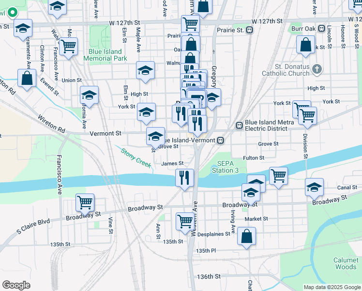 map of restaurants, bars, coffee shops, grocery stores, and more near 2409 Vermont Street in Blue Island