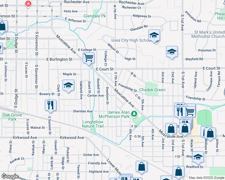 map of restaurants, bars, coffee shops, grocery stores, and more near 1622 Muscatine Avenue in Iowa City
