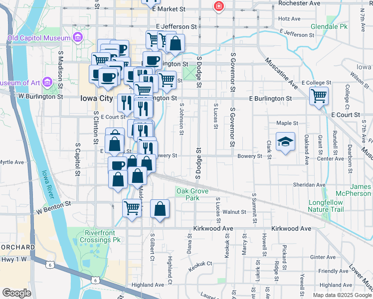 map of restaurants, bars, coffee shops, grocery stores, and more near 510 South Johnson Street in Iowa City