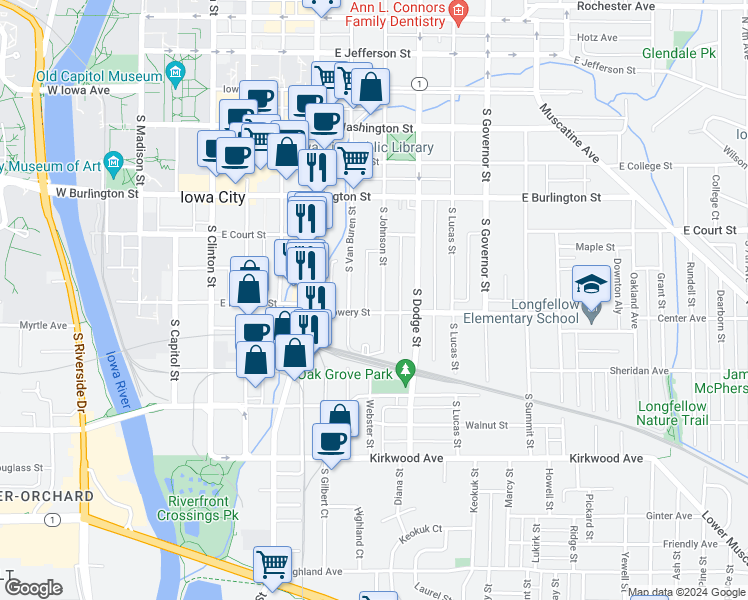 map of restaurants, bars, coffee shops, grocery stores, and more near 510 South Johnson Street in Iowa City