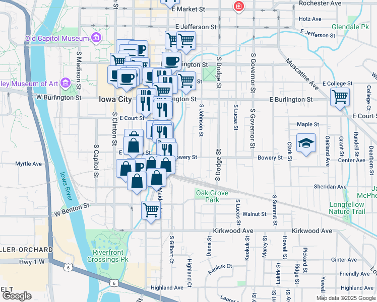 map of restaurants, bars, coffee shops, grocery stores, and more near 516 South Van Buren Street in Iowa City
