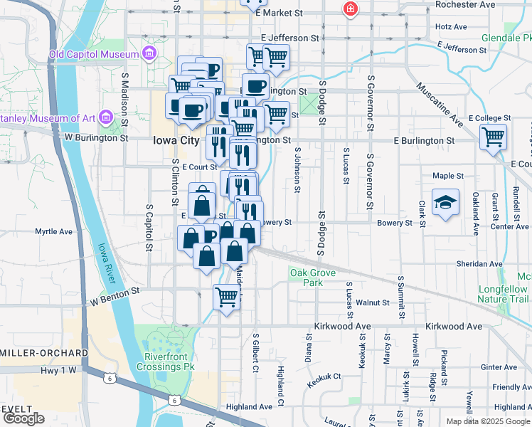map of restaurants, bars, coffee shops, grocery stores, and more near 516 South Van Buren Street in Iowa City