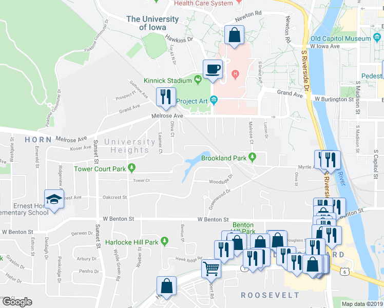 map of restaurants, bars, coffee shops, grocery stores, and more near 201a Woodside Drive in Iowa City