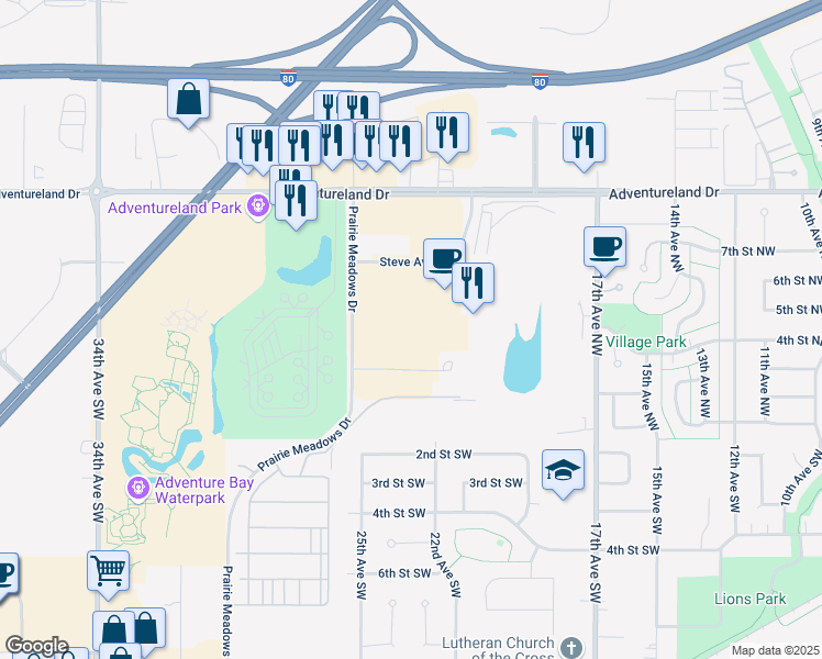 map of restaurants, bars, coffee shops, grocery stores, and more near 1 Prairie Meadows Drive in Altoona
