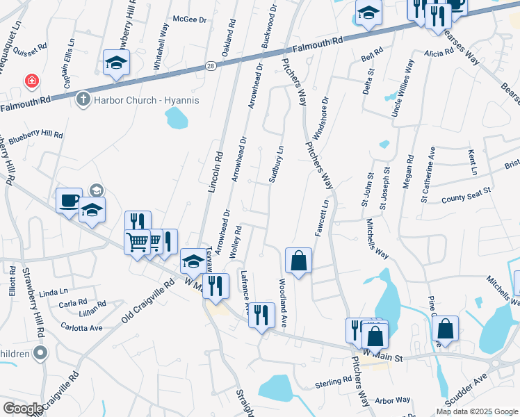 map of restaurants, bars, coffee shops, grocery stores, and more near 189 Sudbury Lane in Barnstable