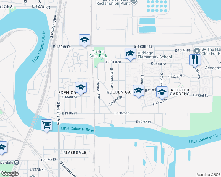 map of restaurants, bars, coffee shops, grocery stores, and more near 13213 South Rhodes Avenue in Chicago