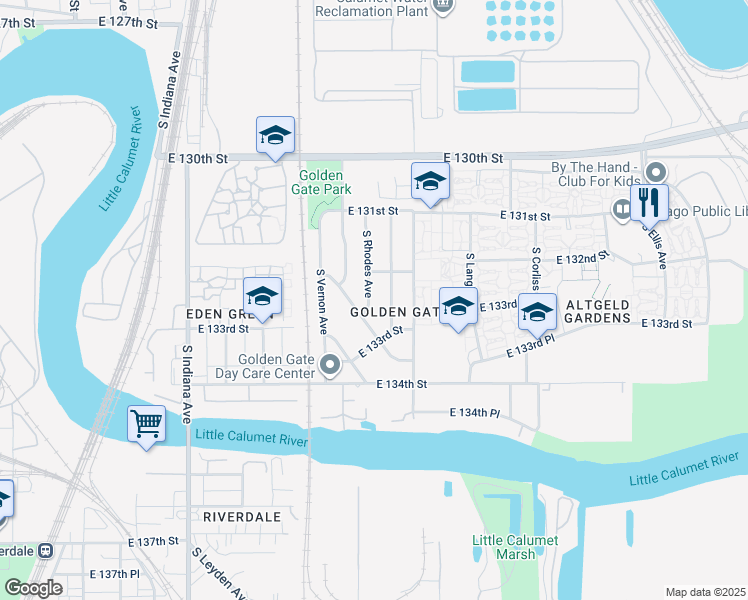 map of restaurants, bars, coffee shops, grocery stores, and more near 13229 South Rhodes Avenue in Chicago