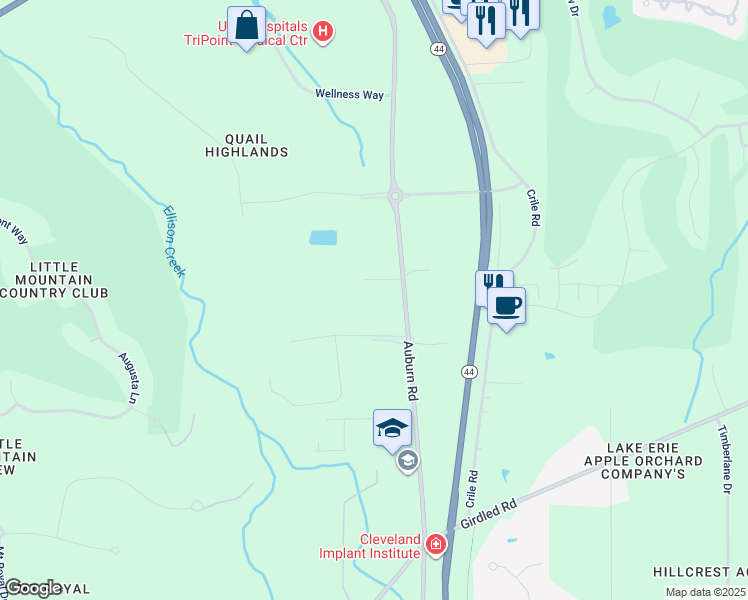 map of restaurants, bars, coffee shops, grocery stores, and more near 7960 Auburn Road in Painesville